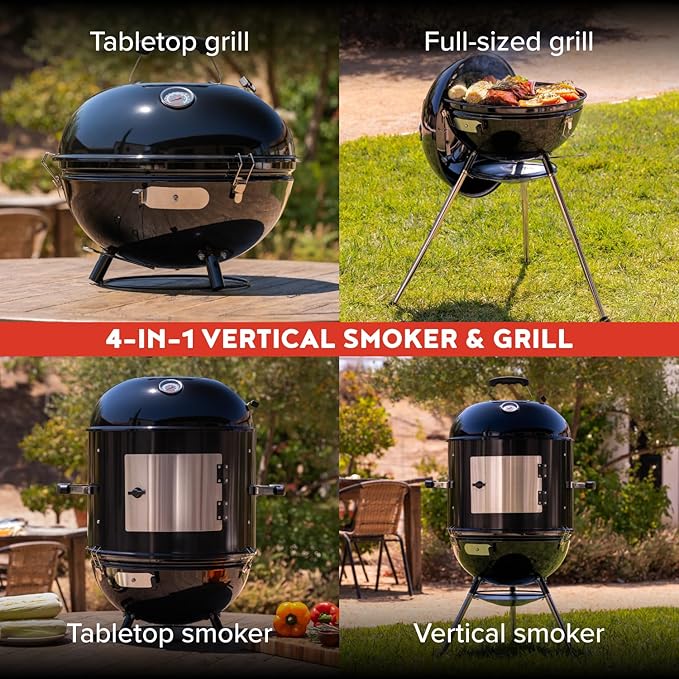 Megamaster Vertical 18 Inch Charcoal BBQ Smoker 4-in-1 Portable Outdoor Grill with Adjustable Air Vent 600 SQ. In Cooking Area Built-in Temperature Gauge BBQ Grill for Camping Picnics - 810-36014
