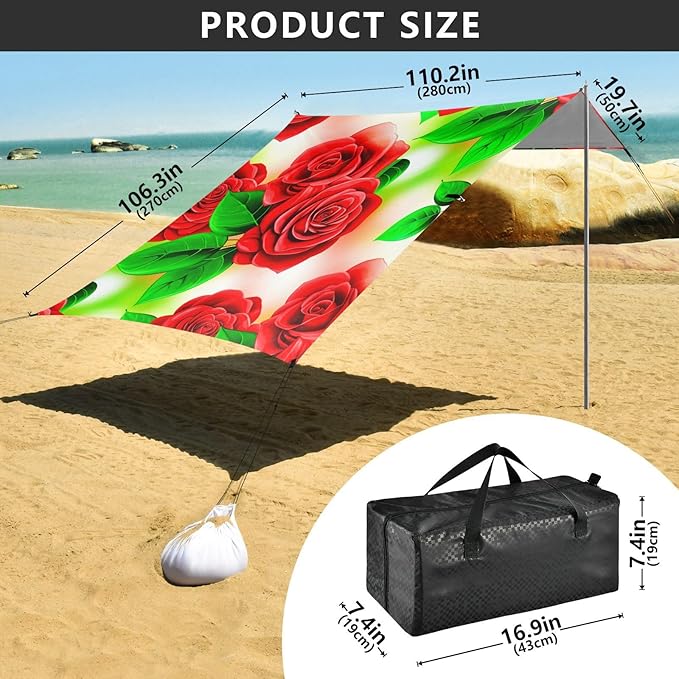 Beach Canopy with Windproof Ropes &amp Sandbags Beach Tent Sun Shade Sun Shelter for Camping Trips Fishing Backyard Fun or Picnics Red Roses