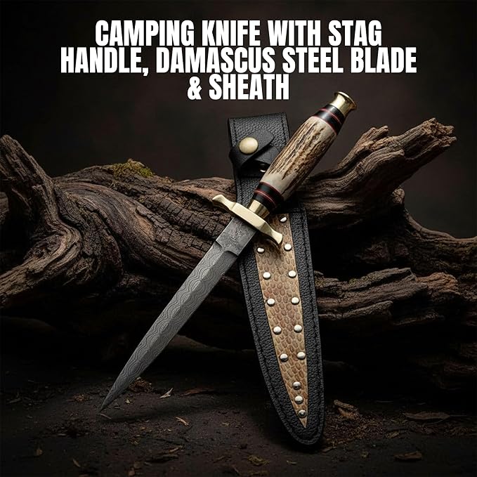 SANZ Damascus Athame Hunting Knife 12.5 Inch - Camping Knife with Stag Handle Full Tang Blade &amp Sheath - Pocket Knife for Hunting Camping &amp Outdoor uses