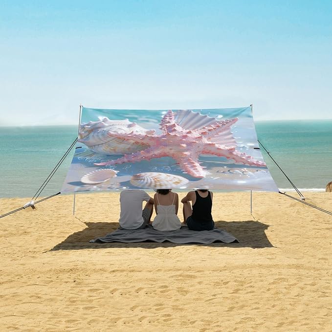 ALAZA Pink Starfish and Seashell Blue Sea Beach Tent Sun Shelter Portable Canopy Sunshade for Outdoor Camping Picnics Backyard Fun 10x9 ft