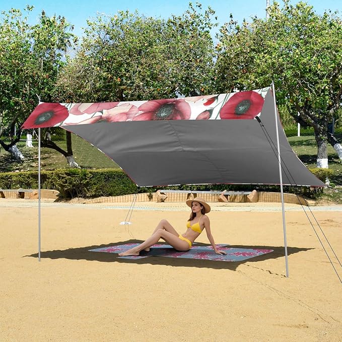 Red Pink Flowers Beach Tent Sun Shelter Set UPF50+ UV Protection 10.5 x 9.19 FT Camping Shade Canopy with Sandbags Sand Anchors Carrying Bag and Others