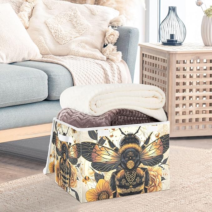 Bee Gold Floral Large Storage Bins with Linen Foldable Storage Box Fabric Closet Organizer Containers Cubes with Flip-Top Lid for Home Office 16.5” x 12.6” x 11.8”
