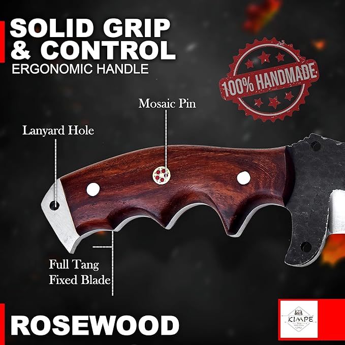 KIMPE Premium Hunting Knife – Spring Steel Fixed Blade Razor Sharp Outdoor Survival Knife with Rose Wood Handle &amp Leather Sheath Bushcraft Camping Skinning Knife Gift for Men.(Spring Steel &amp
