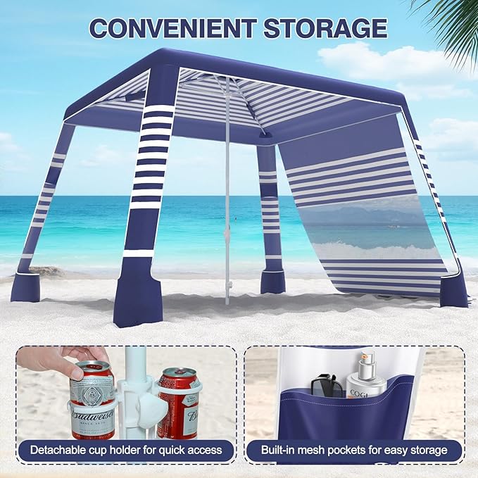 Beach Tent8'×8' Large Beach Canopy for 4-6 PeopleEasy Setup Beach Sun Shelter with UPF 50+ ProtectionAdjustable Height &amp Wind Resistant Beach Cabana for FamilyParty (Navy Blue-Stripes)