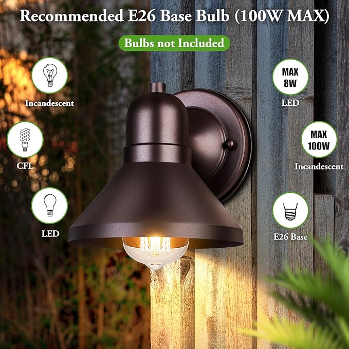 Brightever Outdoor Barn Wall Light Fixtures 2-Pack Brown Exterior Wall Lantern Waterproof Anti-Rust Lighting with E26 Socket Small Outside Lights for House Patio Playhouse Garage