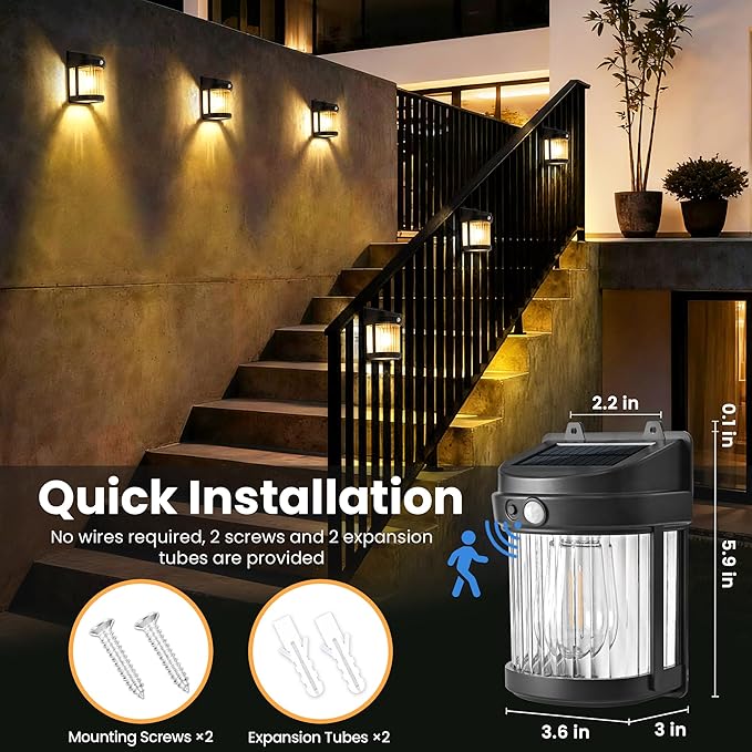 PEVOROS Solar Fence Lights 4 Pack Solar Motion Fence Deck Lights Outdoor 3 Modes for Step Wall Step Shed Patio Front Door Garage (6x3.6x2.2 inch)