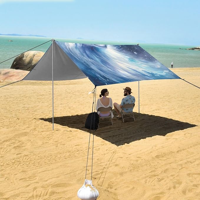 ALAZA Ice Fox Starry Sky Galaxy Beach Tent Sun Shelter UPF50+ Protection Beach Shade Canopy w/ 4 Sandbags for Outdoor Camping Fishing Backyard Fun Picnic 10x9 ft