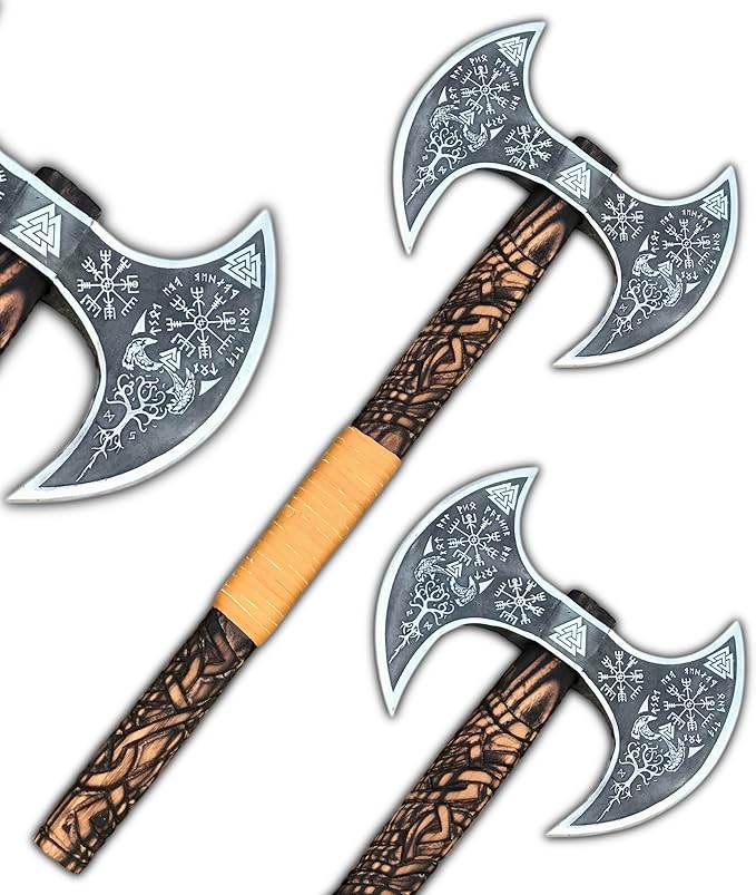 Medieval Viking Double Headed Axe – Double Sided Axe - Full Engraved Beautiful BattleVikings Twin Blades Authentic Two Sided Hatchet Norse Berserker Ax Carved Shaft with Leather Sheath