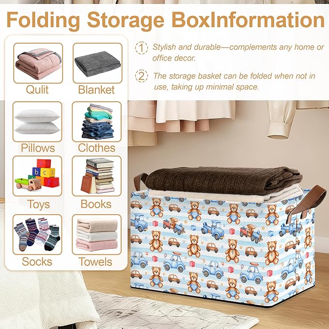 32L Large Storage Bins with Handles Basket Organizer for Shelves Closet Books Laundry &amp Home Decor (Cute Bear Car)