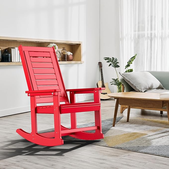 GREENVINES Outdoor Rocking Chair Set | 3-Piece | 2 Rocking Chairs with 1 Side Table | Porch Rocker | HDPE Plastic | Red | Patio Furniture Sets | High Back | Big &amp Tall | Ladder Back