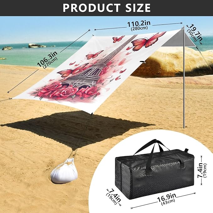 ALAZA Eiffel Tower with Roses Butterfly Beach Tent Sun Shelter Portable Canopy Sunshade for Outdoor Camping Picnics Backyard Fun 10x9 ft