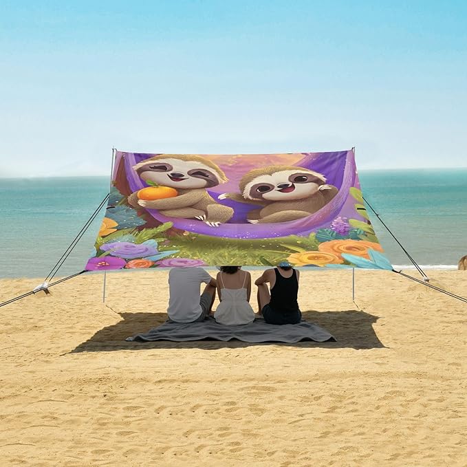 ALAZA Two Cute Sloth Hammock Beach Tent Sun Shelter Portable Canopy Sunshade for Outdoor Camping Picnics Backyard Fun 10x9 ft