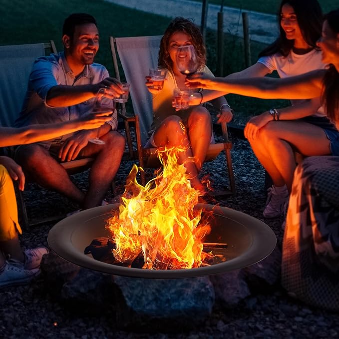 OutVue 35 inch Steel Fire Pit Bowl for DIY or Replacement Existing Fire Pits Wood Burning Fire Pit Bowl with Spark Screen &ampFire Poker Fireplace for Backyard Porch Deck Camping BBQ(Smooth)