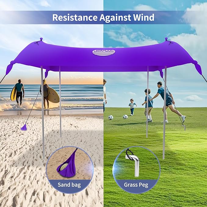 UMARDOO Family Beach Tent Canopy Sun Shade Portable Large Compact Beach Sun Shelter Easy Setup with Packable Bag for Outdoor Travel (Purple 12X12 FT. 4Poles)