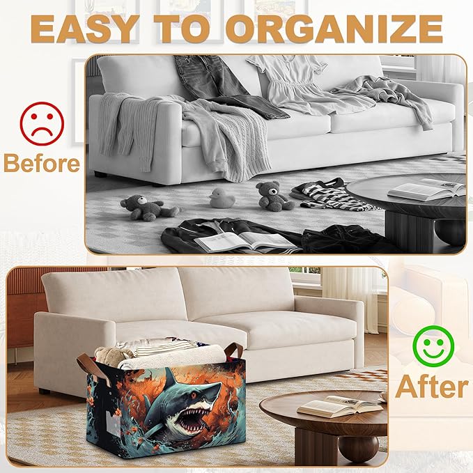Ocean Shark Storage Bins with Handles Collapsible Storage for Clothes Gift Basket Blankets &amp Closet Organization