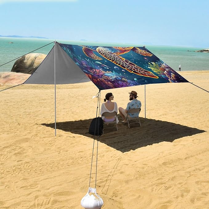 ALAZA Colorful Sea Turtle Moon Beach Tent Sun Shelter Portable Canopy Sunshade for Outdoor Camping Picnics Backyard Fun 10x9 ft