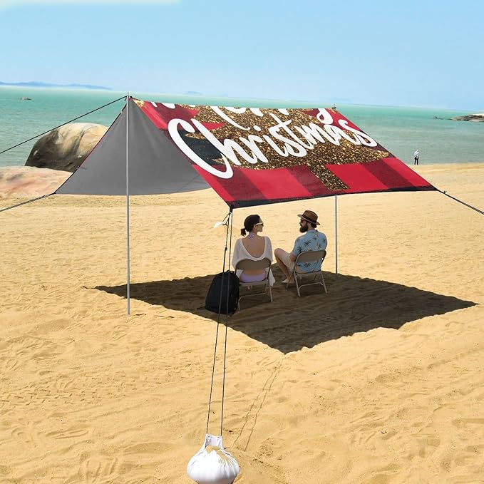 Merry Christmas Buffalo Plaid Red Stable Beach Tent UPF50+ Waterproof Large Portable Sun Shelter with Sandbags Sand Shovel Poles for Backyard and Camping