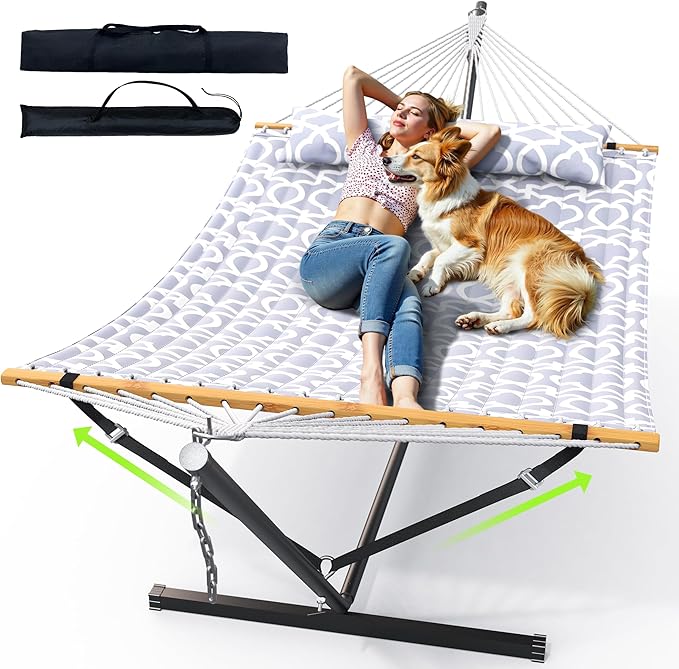 ANAGOO Double Hammock with Stand Heavy Duty Outdoor Hammock for Two 500 LBS Capacity Stable Steel Frame with Balance Strap Easy Tool-Free Assembly for Patio Garden Backyard &amp BeachWhite Gre