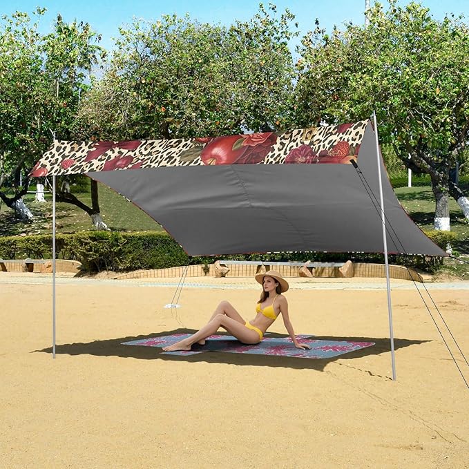 xigua Pomegranate Beach Tent Sun Shelter with Carrying Bag - Silver Coated Oxford Fabric Beach Canopy for Beach Camping Fishing - Includes Windproof Ropes Sandbags &amp Stakes