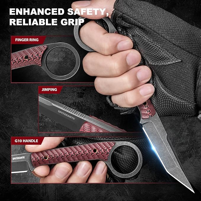 EDC Fixed Blade Knife with Finger Ring Full Tang Compact Knife with Sheath Red G10 Handle Horizontal &amp Vertical Carry Tactical Outdoor Survival Knife for Camping &amp Hunting