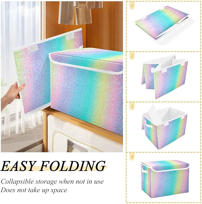 Iridescent Rainbow Glitter Gradient Stock Storage Container with Lid Stackable Bed Storage Clothing Storage Containers