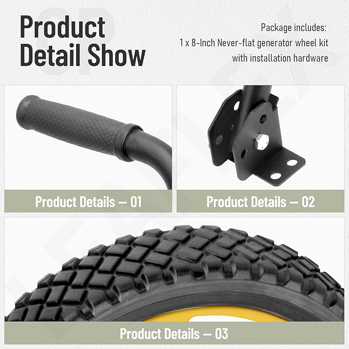8-Inch Never-Flat Generator Wheel Kit for Predator 4000 6500 8750 Watt Generators Equipped With An Adjustable Handle
