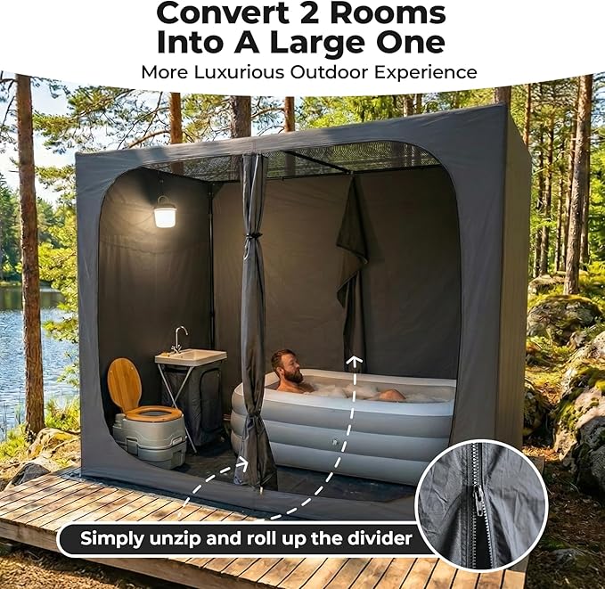 EighteenTek® Shower Tent 2-Room Changing Room Outdoor Shower Enclosure Privacy Canopy Shelter with Floor &amp Doors Waterproof &amp Lightweight Toilet Tent Bathroom for Courtyard Pool Photosh