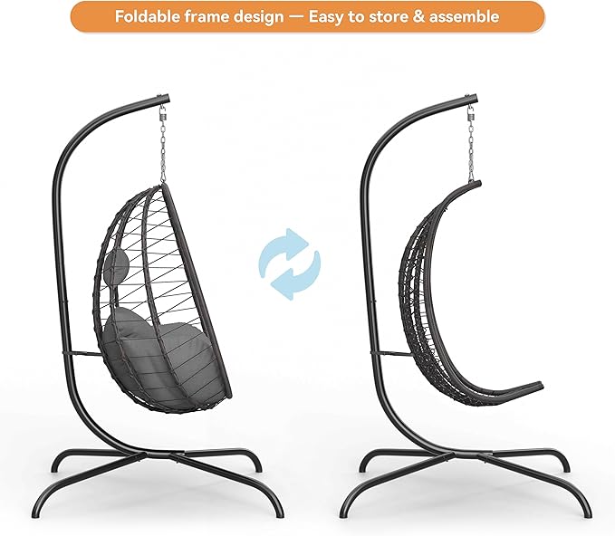 ALAULM Foldable Egg Chair with Stand 485LBS Capacity Wicker Rattan Hammock Swing Chair for Outdoor &amp Indoor Hanging Chair with Strong Frame &amp UV Resistant Cushion for Balcony Bedroom Light