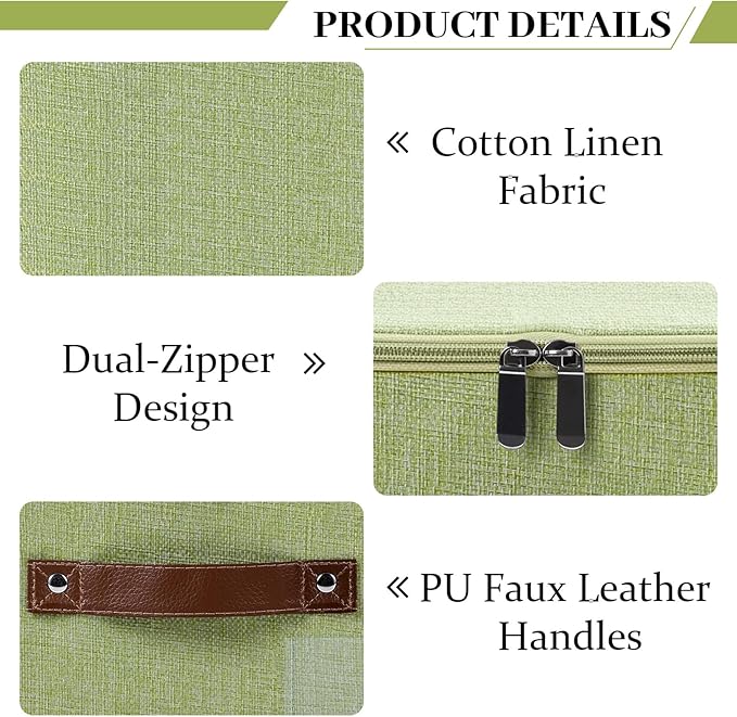 Lucky Monet 3PCS Storage Bins with Zipper Lids 15x10x10 Foldable Lidded Fabric Storage Boxes Baskets Cotton Linen Closet Shelf Clothes Organizer with Handles &amp Label Pocket (Green Large)