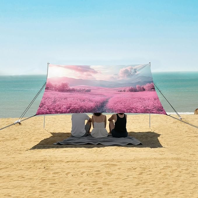 Flower Pink Field Beach Tent Sun Shelter Set UPF50+ UV Protection 10.5 x 9.19 FT Camping Shade Canopy with Sandbags Sand Anchors Carrying Bag and Others