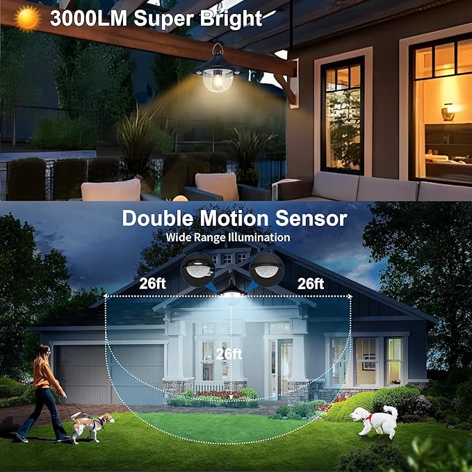 Solar Shed Light Indoor Outdoor Pendant Lights Solar Powered with 2 Motion Sensor Waterproof Solar Hanging Lamp for Porch Inside Home Farmhouse Gazebo Chicken Coop Daytime Available 2 Pack