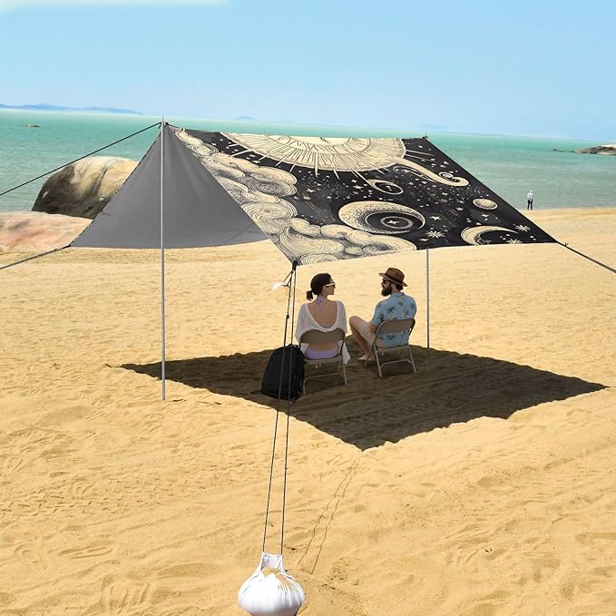 ALAZA Hand Drawn Sun Moon Clouds Beach Tent Sun Shelter UPF50+ Protection Beach Shade Canopy w/ 4 Sandbags for Outdoor Camping Fishing Backyard Fun Picnic 10x9 ft