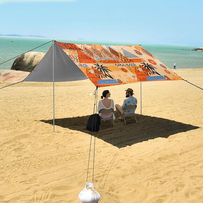 xigua Boho Tribal Aztec Beach Tent Sun Shelter with Carrying Bag - Silver Coated Oxford Fabric Beach Canopy for Beach Camping Fishing - Includes Windproof Ropes Sandbags &amp Stakes