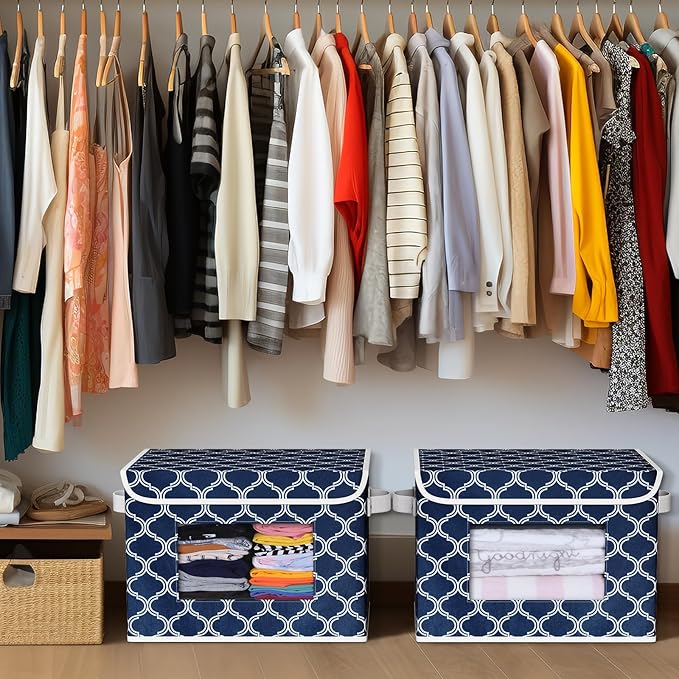 Univivi Fabric Foldable Storage Boxes [4-Pack] Large Collapsible Stackable Storage Bins with Lids Closet Organizers and Storage Cube Basket for Home Office Bedroom (Blue Lantern 17”x 12” x 12”)
