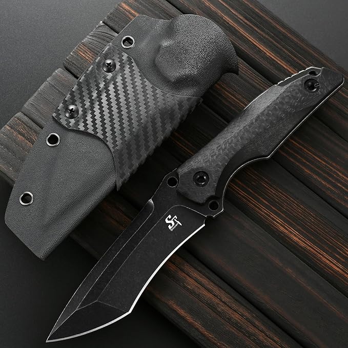 Sitivien ST32 Fixed Blade Knife AUS-10 Black Stonewashed Steel Carbon Fiber Handle Full Tang Knife for Outdoor Working Camping Hunting Fishing(Black)