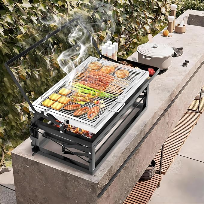 Charcoal Flip Grill for BBQ Black Barbecue Grills for Outdoor Camping Portable Tabletop Charcoal Grill with 360 Degrees Reversible Cooking Grid Removable Tray Adjustable Steel Frame