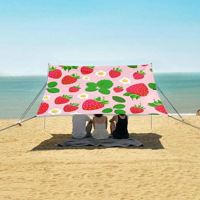 xigua Strawberries Beach Tent Sun Shelter with Carrying Bag - Silver Coated Oxford Fabric Beach Canopy for Beach Camping Fishing - Includes Windproof Ropes Sandbags &amp Stakes