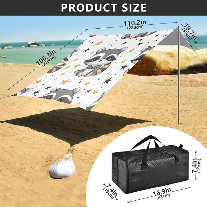 ALAZA Cute Cartoon Raccoons Stars Beach Tent Sun Shelter Portable Canopy Sunshade for Outdoor Camping Picnics Backyard Fun 10x9 ft