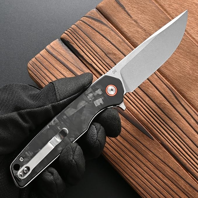 FF19 Folding Pocket KnifeD2 Steel Blade Carbon Fiber Handle EDC Tool Knife for Outdoor Camping Hunting Fishing Working(Black)