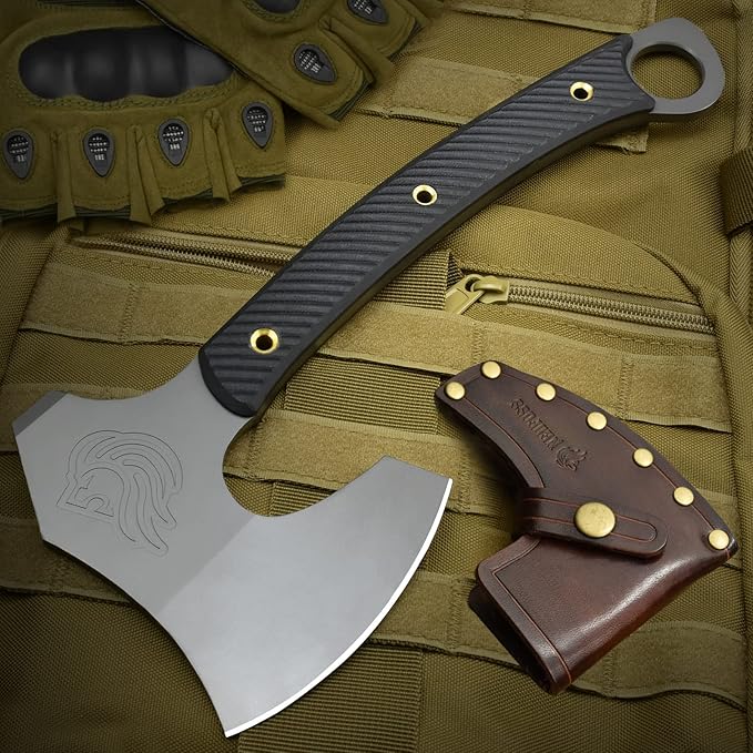 NedFoss 12.2 Tactical Tomahawk Axe with Leather Sheath G10 Handle Heavy Duty Full Tang Viking Axe with 4.3 Titanium Coated Blade Viking Bearded Tomahawk Hatchet for Outdoor Survival