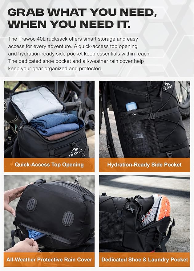 TRAWOC STEALTH 40L Travel Backpack for Men and Women Laptop &amp Shoe Compartment Rain CoverCasual Bag for trekking &amp Hiking