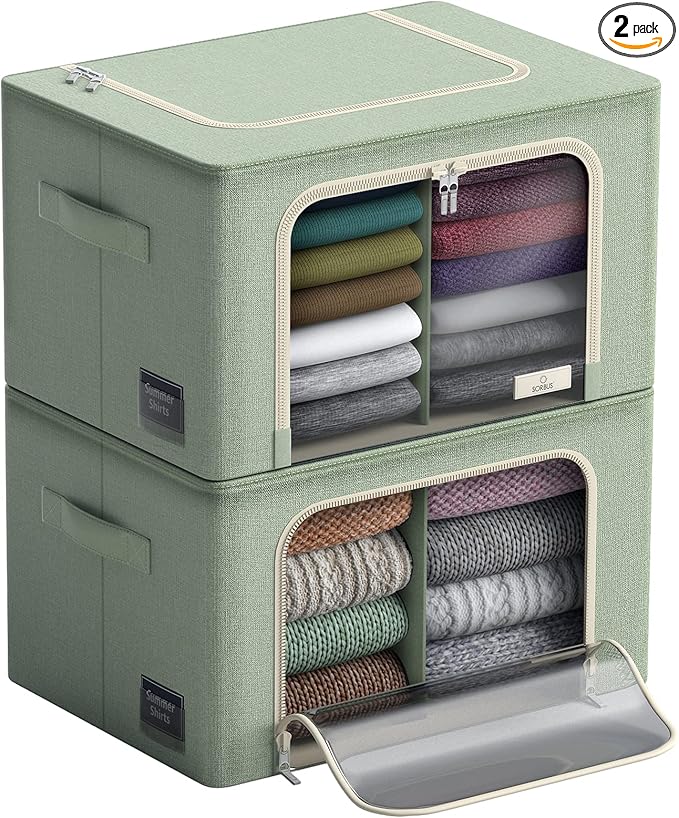 Sorbus Storage Bins with Divided Interior - Large Stackable &amp Foldable Organizer Containers with Metal Frame Oxford Fabric Large Window &amp Carry Handles - Organization for Bedroom Linens &am