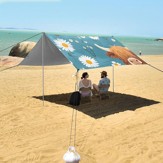 ALAZA Highland Cattle Daisy Pattern Beach Tent Sun Shelter Portable Canopy Sunshade for Outdoor Camping Picnics Backyard Fun 10x9 ft