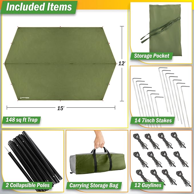 Camping Tarp with Poles - 15x12 Tarp for Camping or Hammock Rain Fly for Hiking Backpacking or Portable Survival Shelter UV Protection and 3000mm Water Resistant by Wakeman Outdoors (Green)