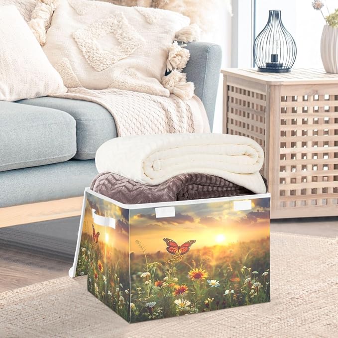 MNSRUU Containers Baskets with Lids Flower Butterfly Foldable Storage Bins Organizer with Lid Collapsible Storage Boxes for Home Bedroom Closet Office