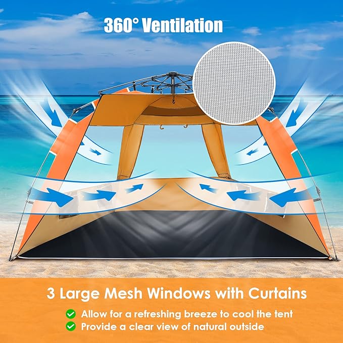 Tangkula 3-4 Person Easy Pop Up Beach Tent UPF 50+ Portable Sun Shelter w/ 3 Ventilation Windows Zippered Front Porch 4 Storage Pockets &amp Carrying Bag Instant Beach Sun Shade with 8.5mm Rod