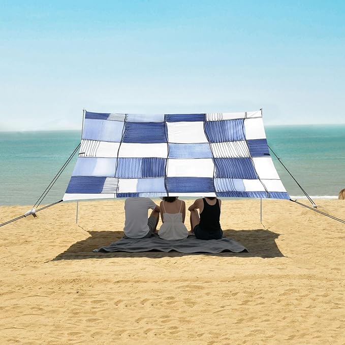 Cornflowerblue Checked Hand-Drawn Sketch Stable Beach Tent UPF50 Lightweight Portable Sun Shelter with Sandbags Sand Shovel Poles for Backyard and Camping
