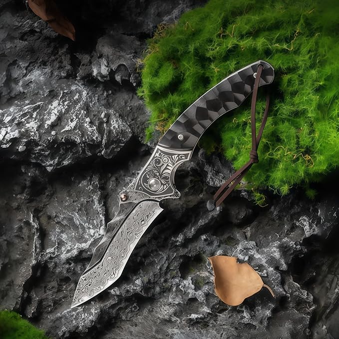 Damascus Steel Folding Knife Personalized Engraving Outdoor Gear Damascus Hunting Knife with Leather Sheath HRC 60 Knives Men Gifts Gifts for Hunters Men who have Everything