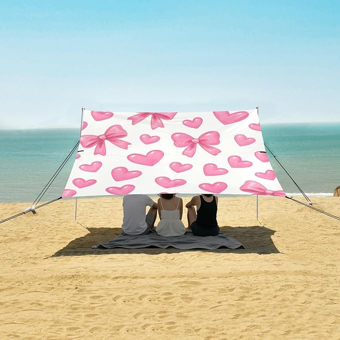 xigua Bows and Hearts Beach Tent Sun Shelter with Carrying Bag - Silver Coated Oxford Fabric Beach Canopy for Beach Camping Fishing - Includes Windproof Ropes Sandbags &amp Stakes