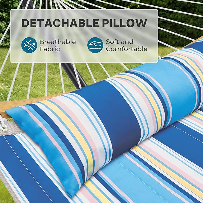 SUPERJARE Curved-Bar Hammock with Stand 2 Person Heavy Duty Hammock Frame Detachable Pillow &amp Portable Carrying Bag Perfect for Outdoor &amp Indoor Holiday Voyage Stripe
